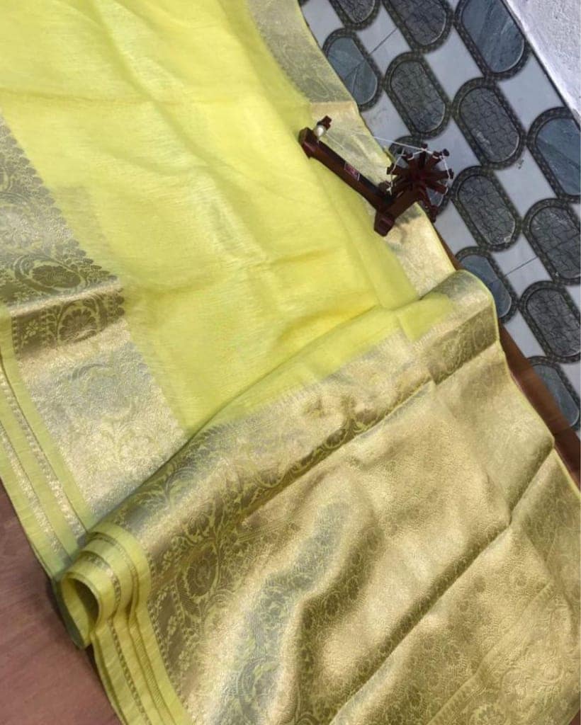 Silk Linen Banarasi Brocade Handloom Yellow Saree with Blouse-5662 view 2