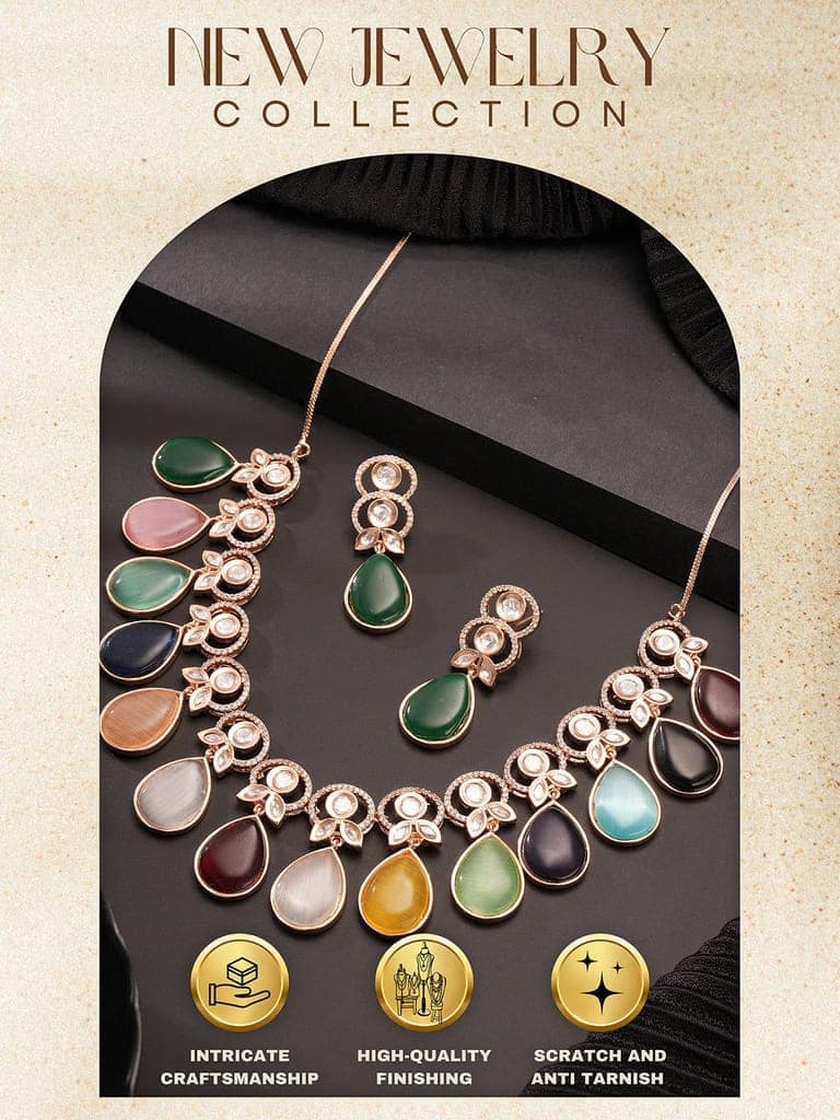 Gold Plated Navratan Multicoloured Kundan Studded Layered Floral Designer Jewellery Set view 10