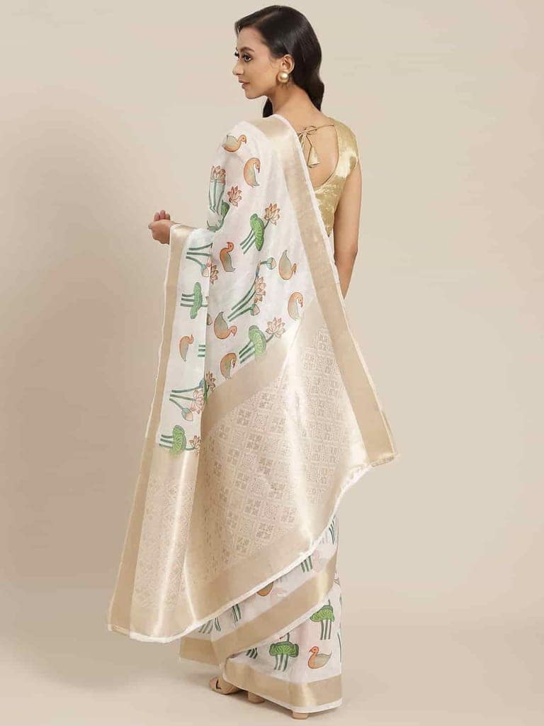 Women's Coral White Zari Woven Digital Print Design With Unstiched Blouse Piece view 3