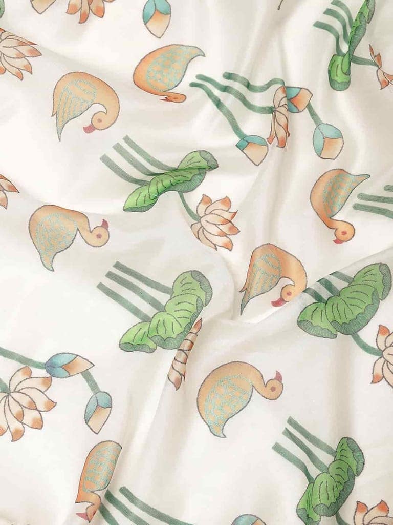 Women's Coral White Zari Woven Digital Print Design With Unstiched Blouse Piece view 6