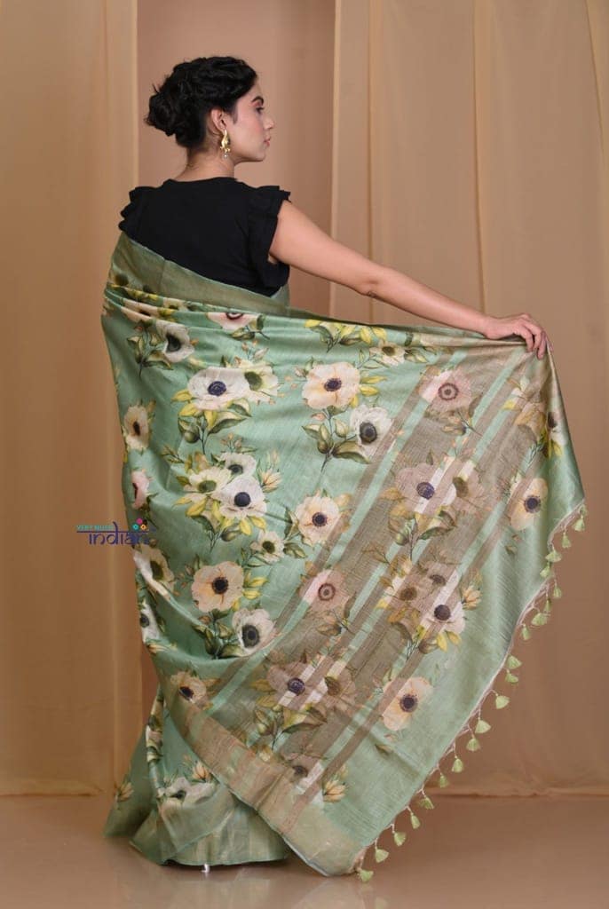 Pehal~ Authentic Sea Green Tussar Moonga Saree with Floral Print. view 3
