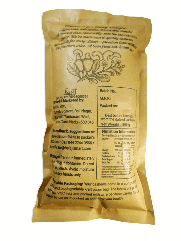 Balaji's Mart Panruti W320 Cashew Nuts (Kaju) 500g view 4