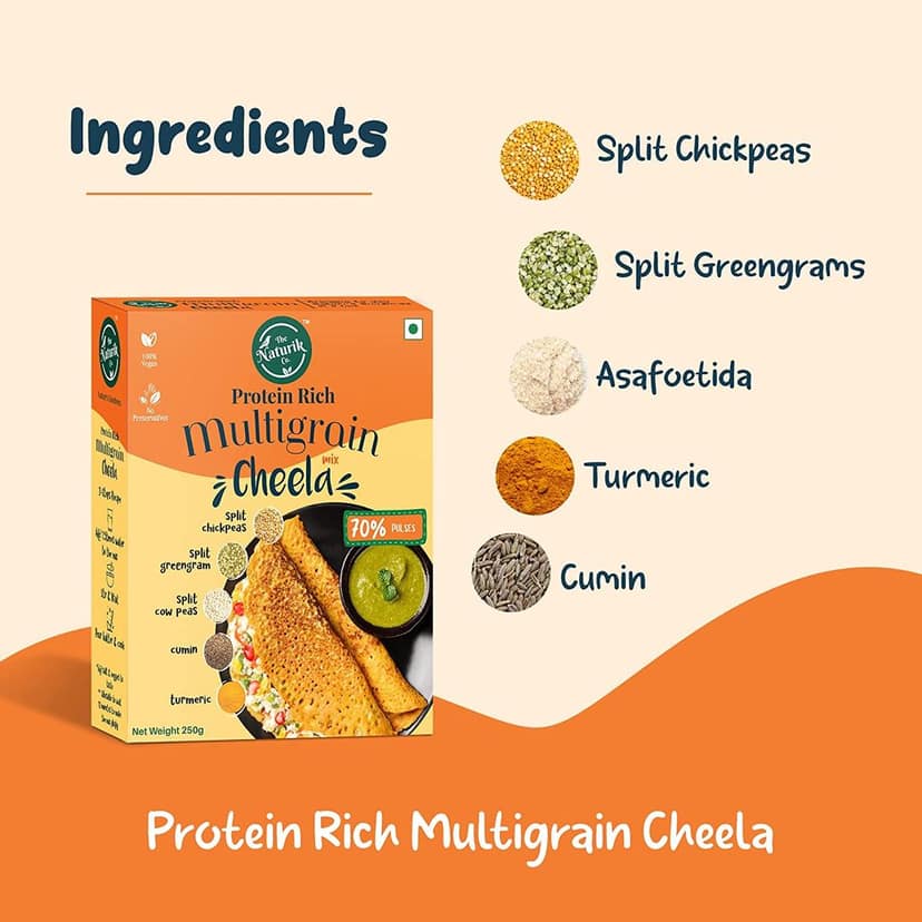 The Naturik Co Multigrain Cheela Mix, 250g, Dosa for Healthy Breakfast/Ready to Cook Chilla, 70% Pulses, 20% Protein, Snack for Kids and Family view 3