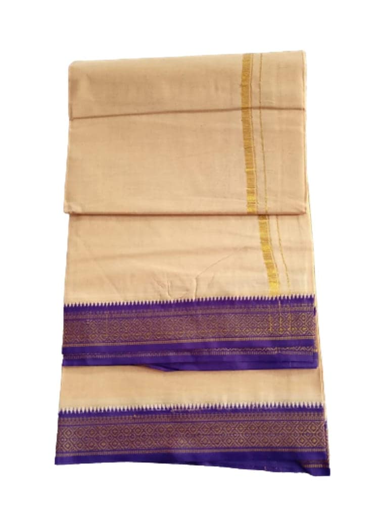 Jinka Lakshmi Collections 100% Handloom Cotton Biege Color Dhoti With Zari Border Up and Down 4 Meters Unstitched Pack of 2 (Multicolor-05) view 7