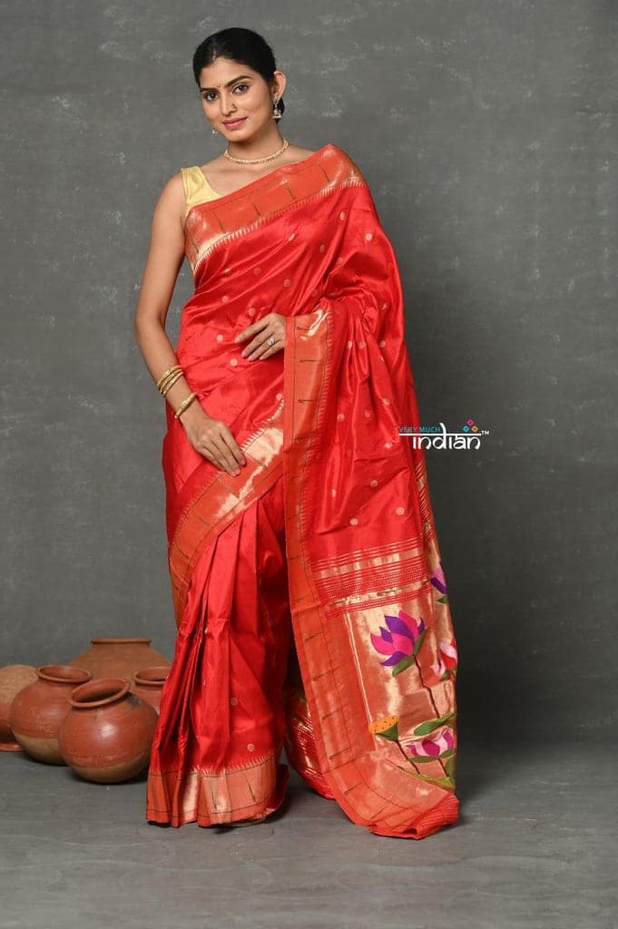 Tyohaar ~ Handloom Pure Silk Muniya Border Paithani Saree with Handcrafted Lotus Pallu ~ Red