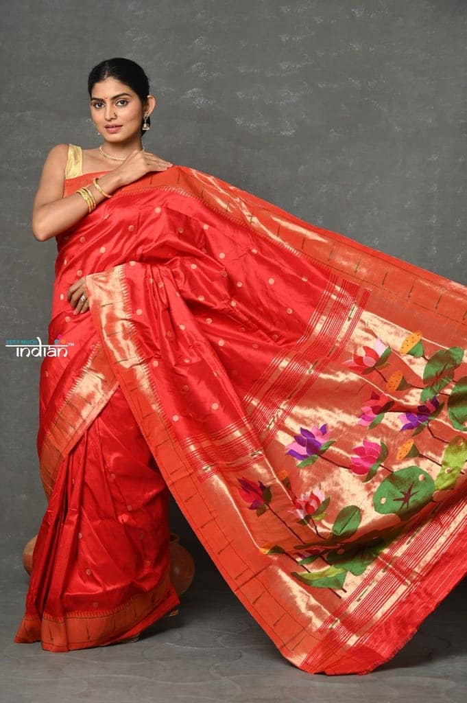 Tyohaar ~ Handloom Pure Silk Muniya Border Paithani Saree with Handcrafted Lotus Pallu ~ Red view 2