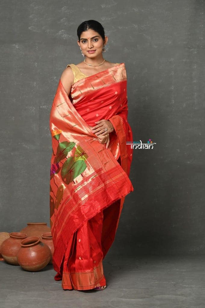 Tyohaar ~ Handloom Pure Silk Muniya Border Paithani Saree with Handcrafted Lotus Pallu ~ Red view 4