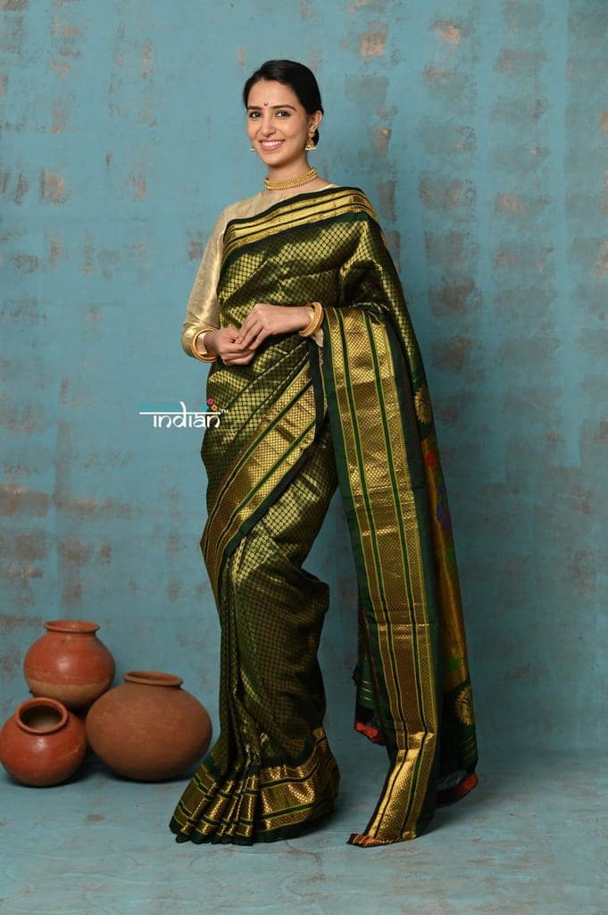 Tyohaar ~ Authentic Pure Silk Handloom Green Brocade Maharani Paithani with Maharani Pallu view 2