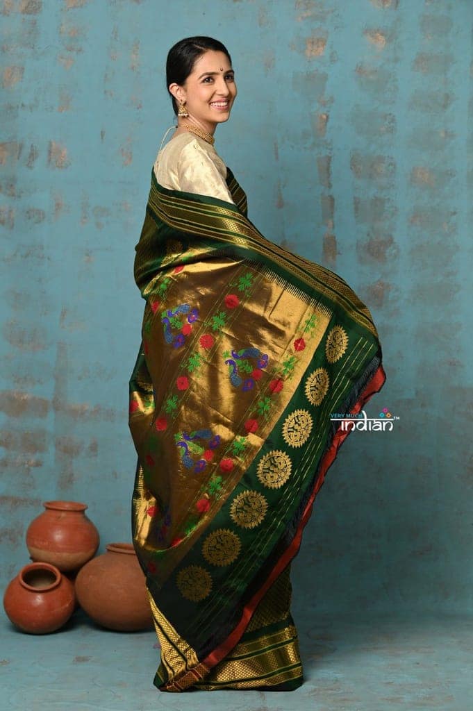 Tyohaar ~ Authentic Pure Silk Handloom Green Brocade Maharani Paithani with Maharani Pallu view 3