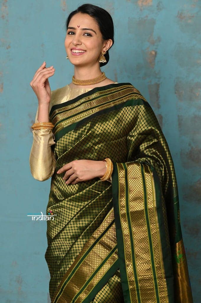 Tyohaar ~ Authentic Pure Silk Handloom Green Brocade Maharani Paithani with Maharani Pallu view 4