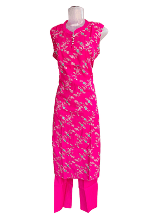 Rani Pink Georgette All-Over Floral Embroidered Sleeveless Salwar Suit Set with Sequined Net Dupatta