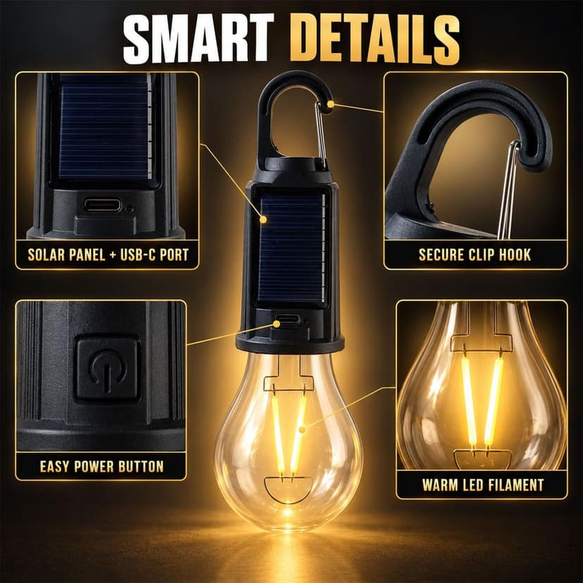 Solar Hanging Camping Lantern with USB-C Charging and Warm LED Glow (1 Pc) view 2