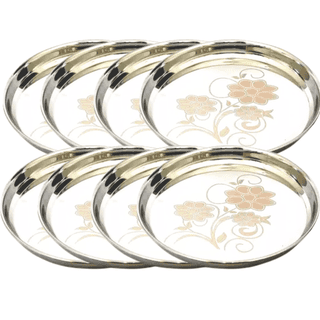 SHINI LIFESTYLE Stainless Steel Plate, khumcha Thali, Floral design, Light weight dinner plate 8pc