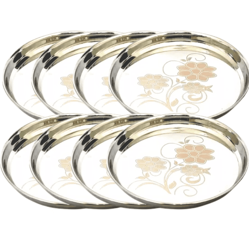 SHINI LIFESTYLE Stainless Steel Plate, khumcha Thali, Floral design, Light weight dinner plate 8pc