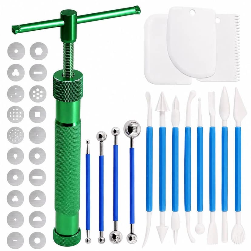 Professional 35 Pcs Clay Extruder Tool Kit, Stainless Steel Fondant & Sugar Paste Extruder with 20 Pattern Discs, Ball Stylus Tools & Plastic Scrapers for Cake Decorating (Green)