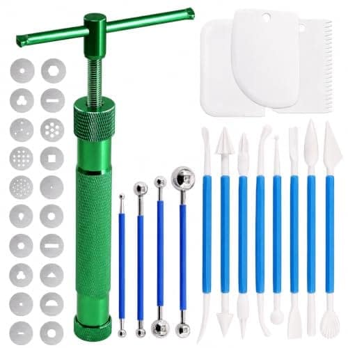 Professional 35 Pcs Clay Extruder Tool Kit, Stainless Steel Fondant & Sugar Paste Extruder with 20 Pattern Discs, Ball Stylus Tools & Plastic Scrapers for Cake Decorating (Green) view 2
