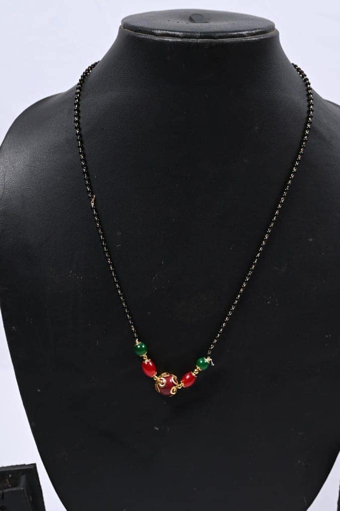 Black Beads Mangalsutra with Green and Red Beads view 2