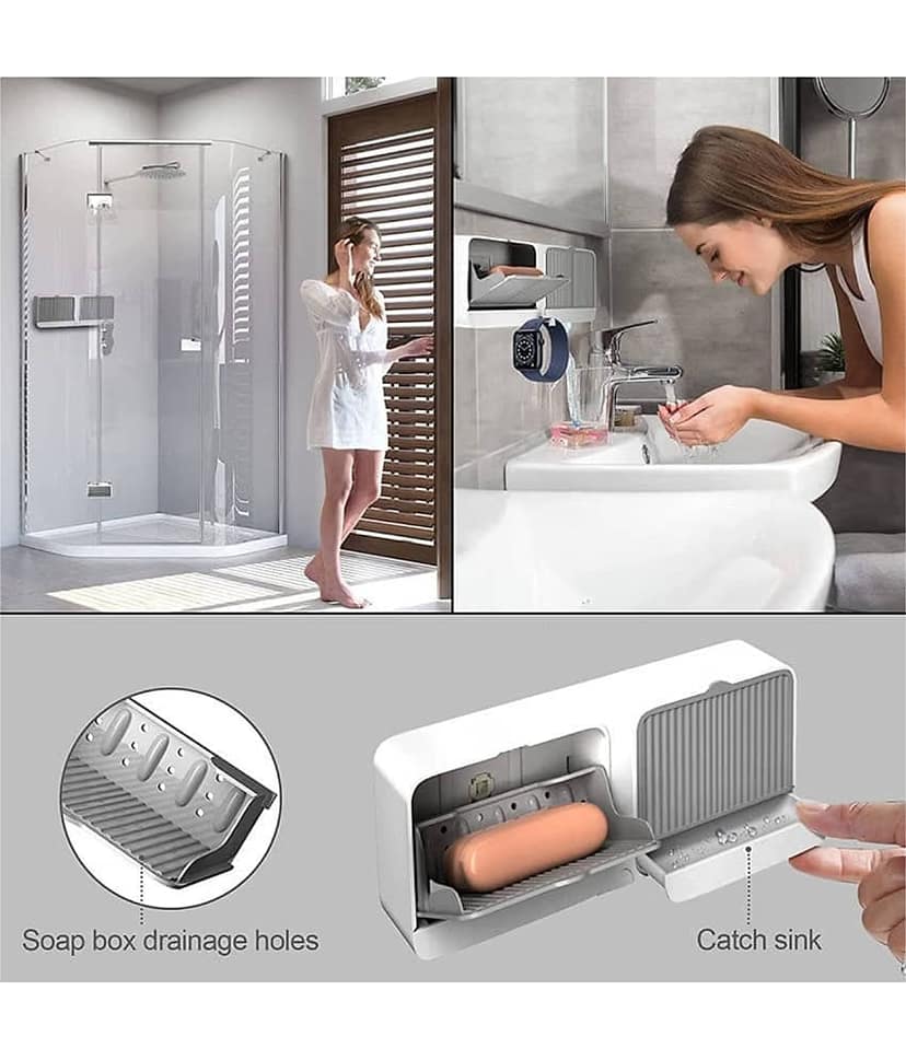 Radhe Creation Soap Holder soap holder soap case soap dispenser No-Drilling Clamshell soap Box Wall-Mounted with Cover Double Grid-Asphalt Toilet Laundry soap New Box soap Box (1 Pack)