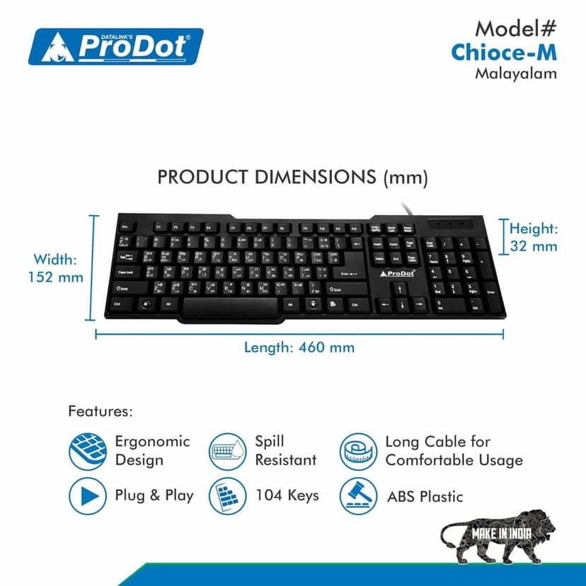 ProDot KB-Choice QWERTY �Made in India� Keyboard with 104 Low Profile Keys, Spill Resistant Design for Windows, Mac, PC, Laptop view 3