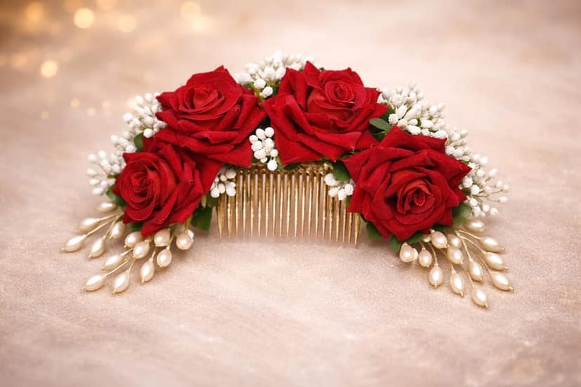Artificial Rose with white Parag and Pearls Hair Brooch. view 3