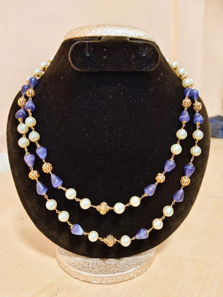 2 Layer Pearl and Blue Stone Necklace with Gold Plated Beads