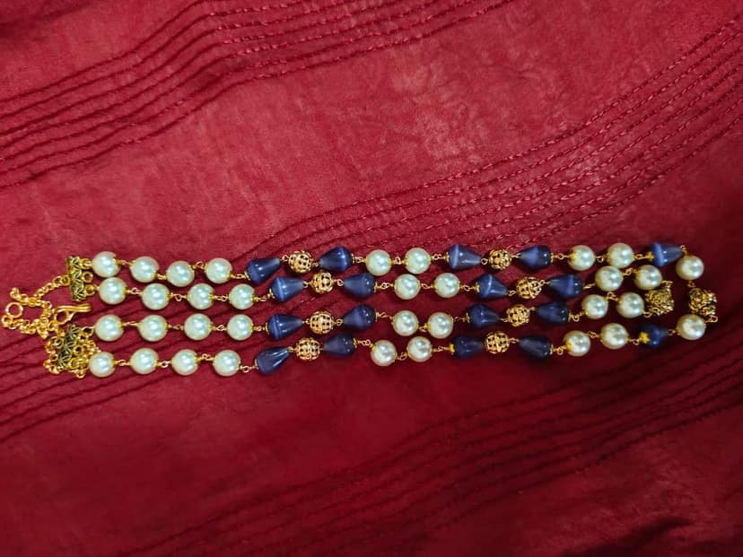 2 Layer Pearl and Blue Stone Necklace with Gold Plated Beads view 2
