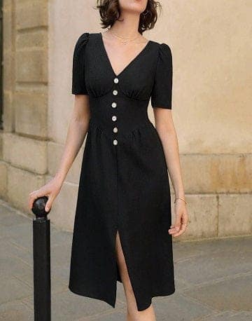 Timeless Noir V-neck Front Buttoned Chic Dress view 4