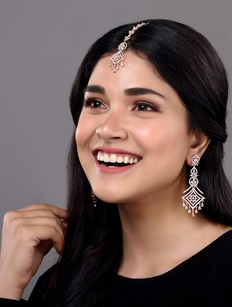 Rose Gold plated AD studded Mangtika & Earring set view 2