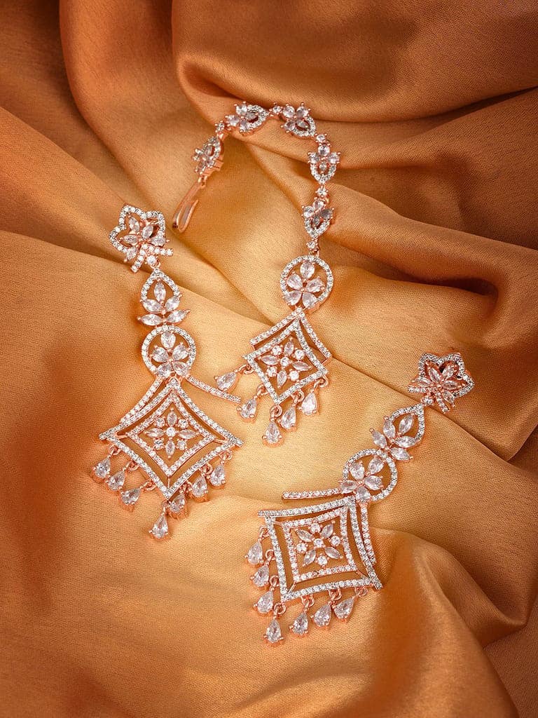Rose Gold plated AD studded Mangtika & Earring set view 3