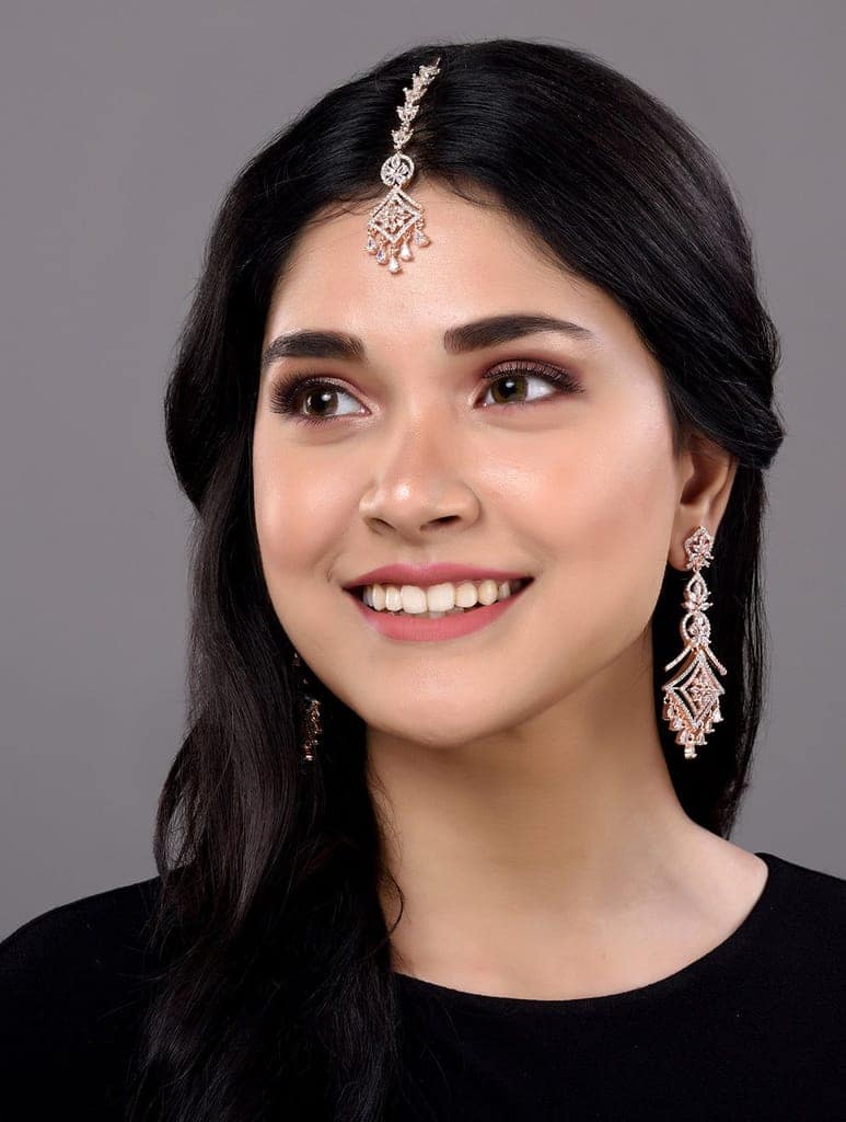 Rose Gold plated AD studded Mangtika & Earring set view 4