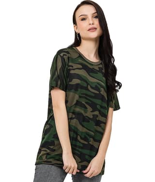 Leotude Women Cotton Blend Printed Oversized Fit Round Neck T-Shirt ( Green )