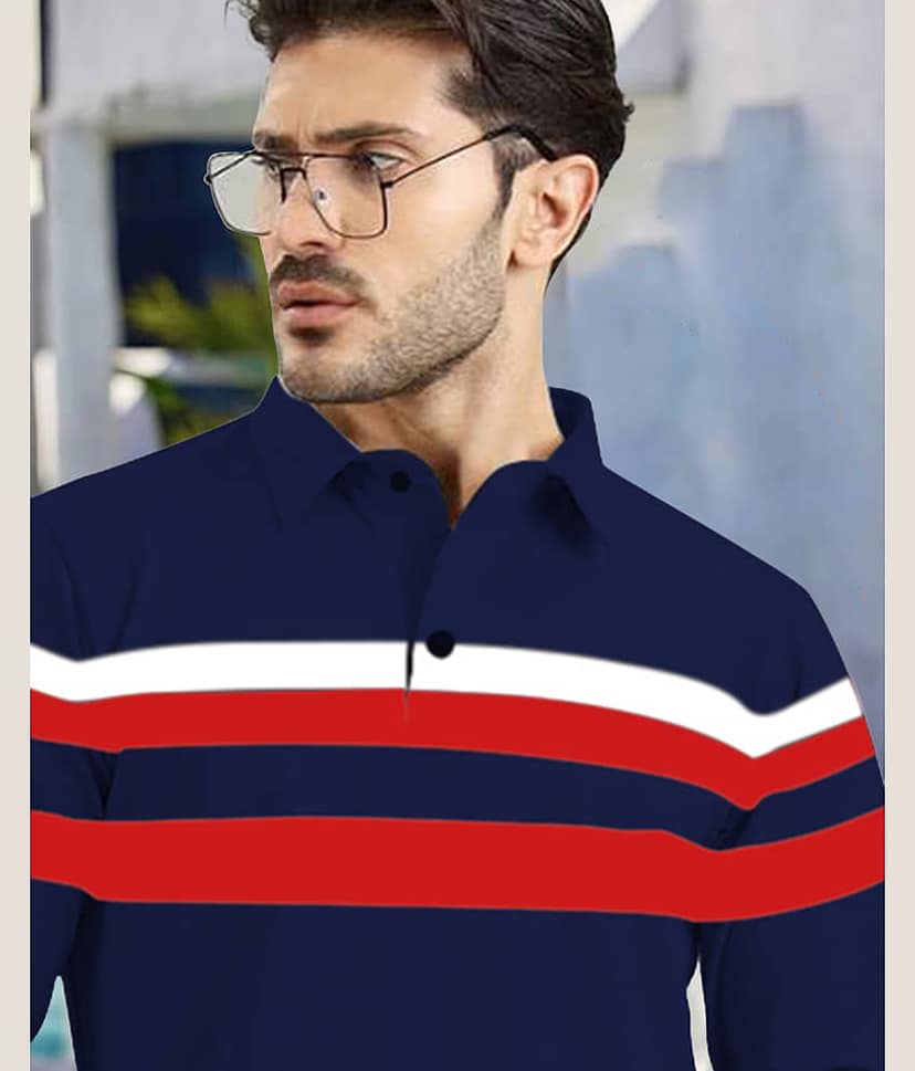 AOOSH Pack of 1 Cotton Blend Regular Fit Striped Full Sleeves Men's Polo T Shirt ( Navy ) view 2