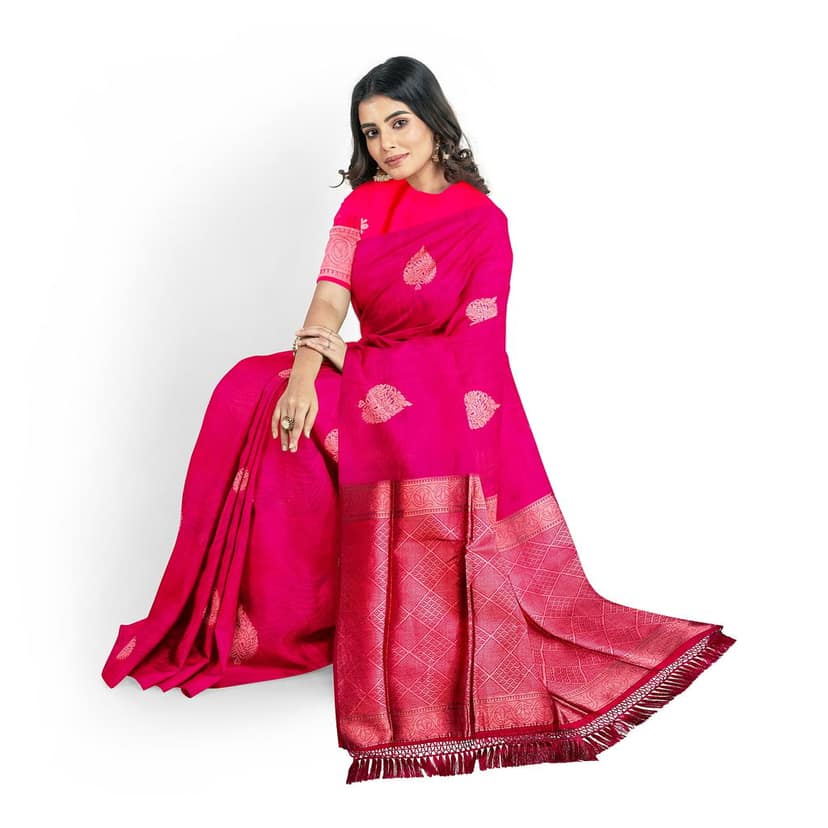 Ruby Red Color Big Thilagam Butta Saree with Unstitched Blouse view 2