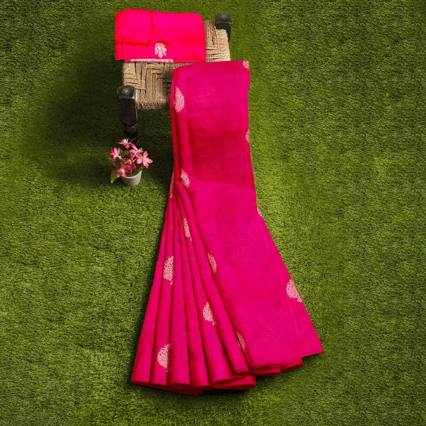 Ruby Red Color Big Thilagam Butta Saree with Unstitched Blouse view 4