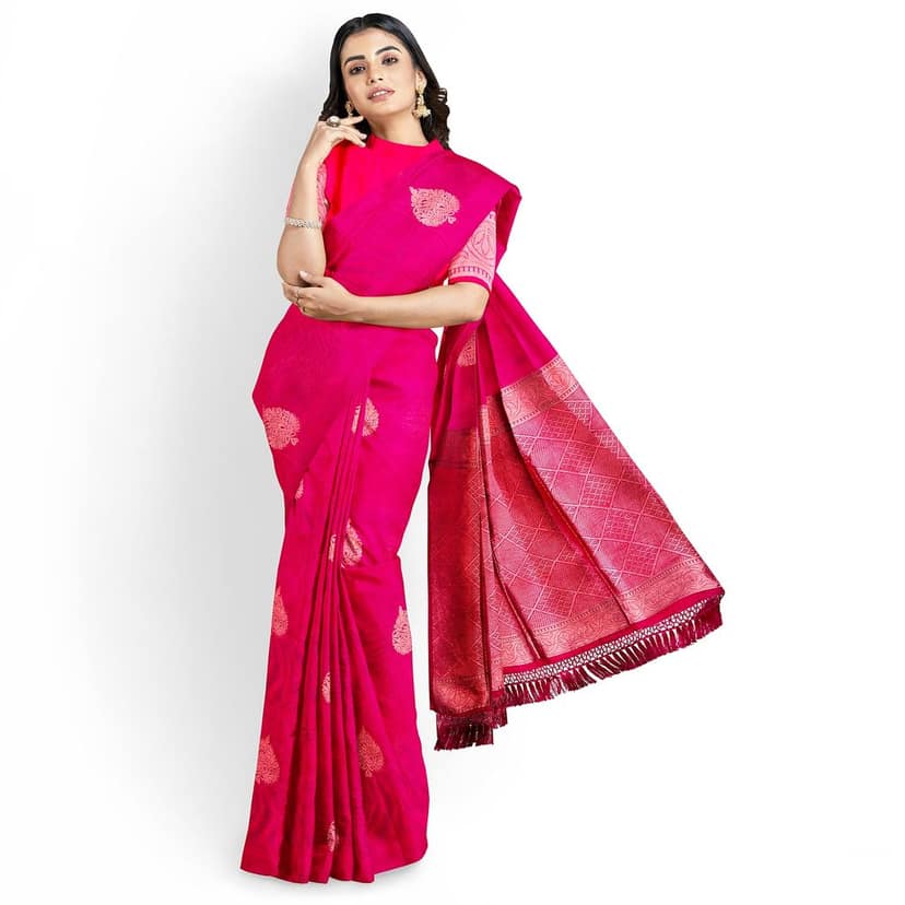 Ruby Red Color Big Thilagam Butta Saree with Unstitched Blouse view 6
