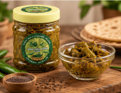 Homemade Green Chilli Pickle with Traditional Indian Spices view 3