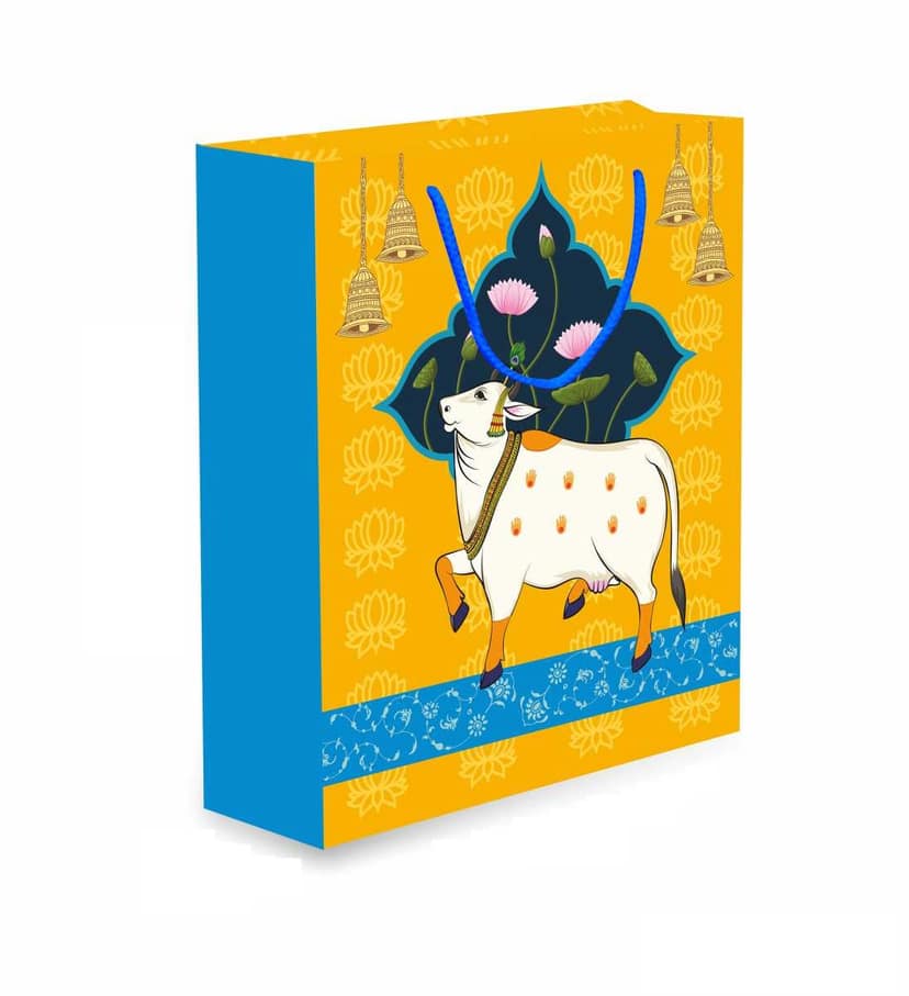 200 GSM Sturdy Pichwai Printed Paper Gift Bags, Paper Carry Bags For Wedding Gift, Festive Gifting & Gifting on Auspicious Occasion (Size: 10.7 x 9 x 3.5 inch) - Set of 12