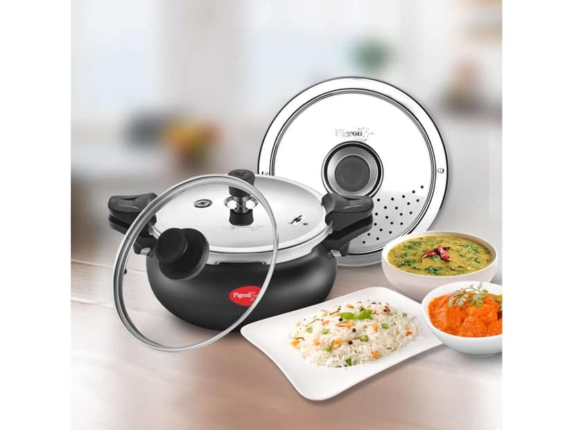 Pigeon Super Hard Anodised Black Handi Aluminium Pressure Cooker Outer Lid, Induction Base - 5 Litre view 2