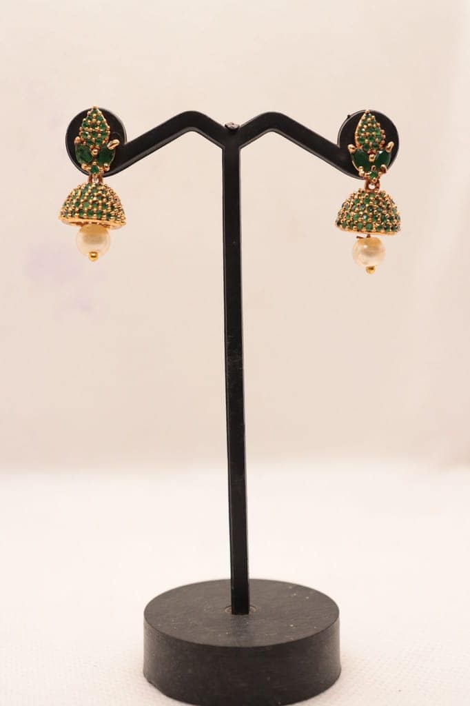 "Stunning Gold Plated Green Stone Pearl Jhumka Earrings for Women" view 4