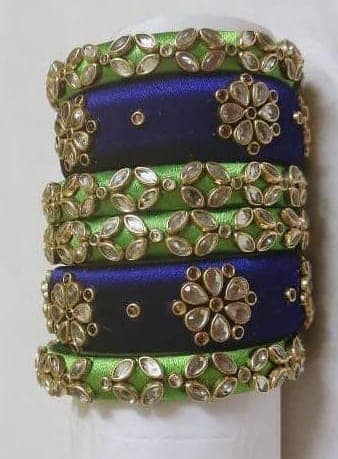 Green and Blue Silk Thread Bangle Set with Kundan Stones view 2