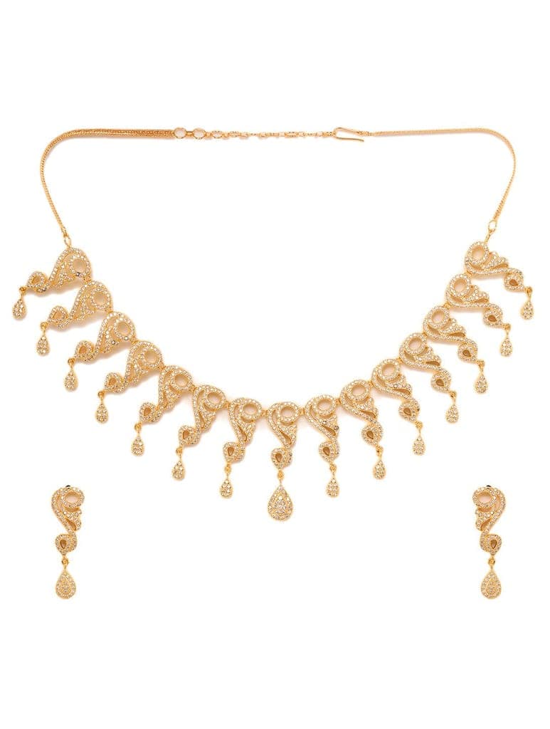 Gold Plated white AD Studded Stylish Choker Necklace dropdown Earrings Set view 4