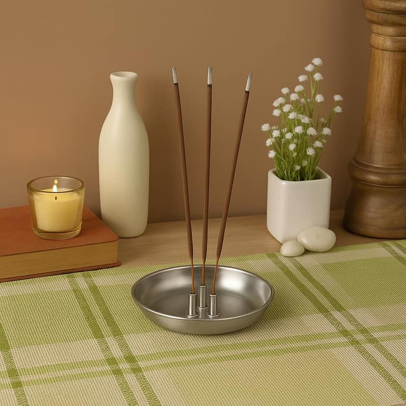 Stainless Steel Agarbatti Stand (Pack of 2) with Ash Catcher Plate � 3 Stick Incense Holder � Decorative Dhoop Stand for Home & Pooja � 3 Inch Diameter � Silver Color view 2