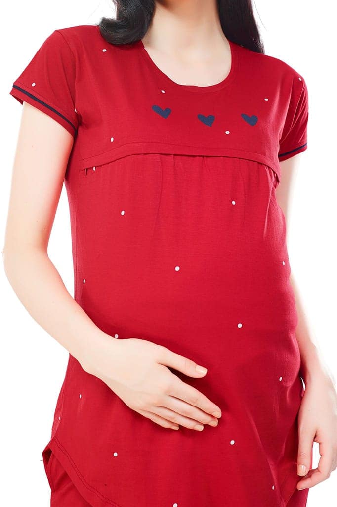 ZEYO Women Cotton Navy Blue Dot Print Maternity & Feeding Night Suit view 2