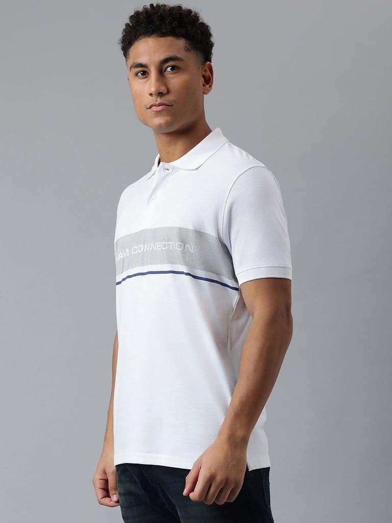 Men White Striped Regular Fit Polo Neck T-Shirt view 3