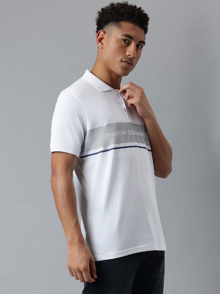Men White Striped Regular Fit Polo Neck T-Shirt view 7