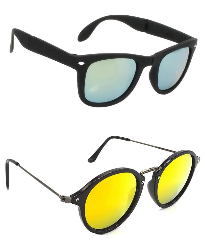 HRINKAR Unisex Rectangular Sunglasses Black & Grey Frame, Silver & Golden Lens (Medium) - Pack of 2