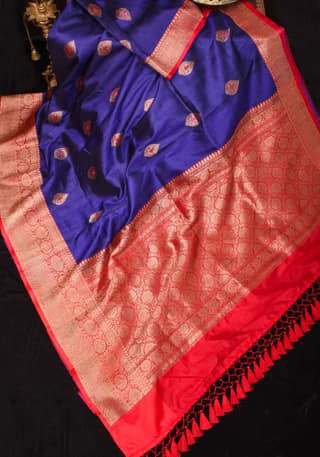 Banarasi Tussar Silk Saree in Deep Blue with Red Borders and Meenakari Buttas | SILK MARK CERTIFIED