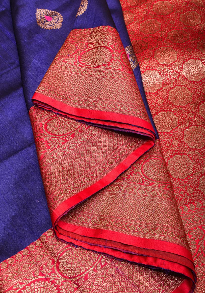 Banarasi Tussar Silk Saree in Deep Blue with Red Borders and Meenakari Buttas | SILK MARK CERTIFIED view 4