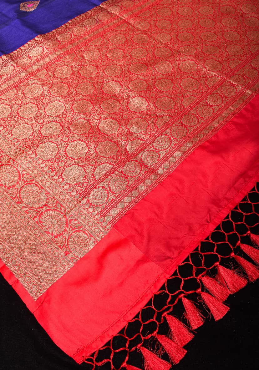 Banarasi Tussar Silk Saree in Deep Blue with Red Borders and Meenakari Buttas | SILK MARK CERTIFIED view 6