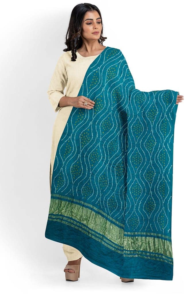 Garvi Gurjari (A Gujarat Govt Enterprise) Teal Handwoven Gaji Silk Bandhani Dupatta(GGCGBD23) view 3